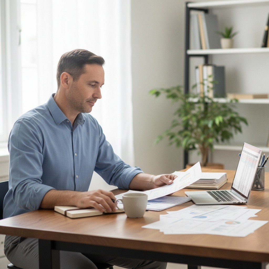 Man in his 40s calmly reviewing financial documents and budget with clear focus and confidence, representing mental resilience and sound financial decision-making