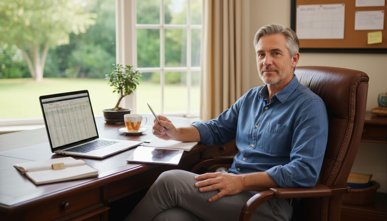 Man in his 40s calmly reviewing finances at home desk demonstrating mental resilience and smart financial decision-making