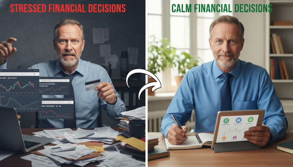 Comparison showing stressed versus calm mental states affecting financial decision-making in men over 40