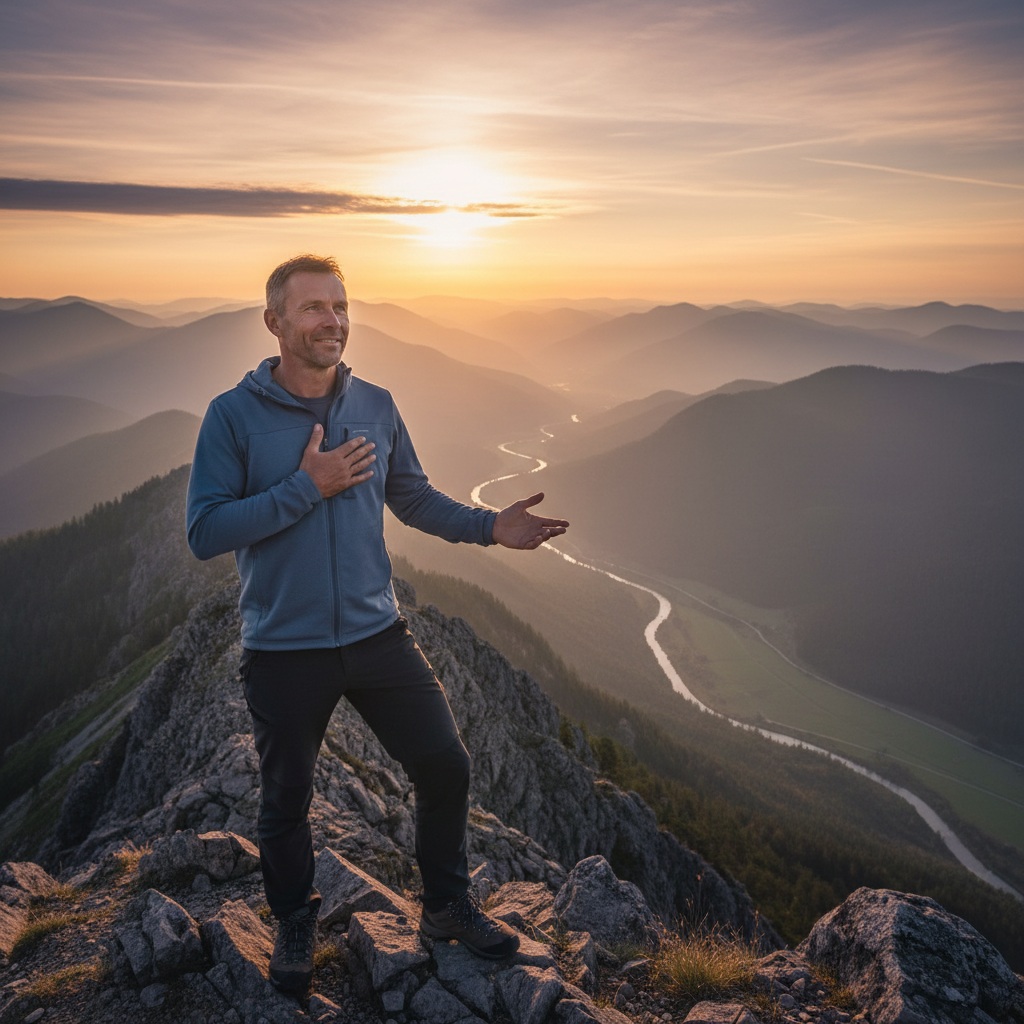 Man in his 40s standing at a mountain overlook at sunrise, representing the transformation and forward momentum that comes from building mental toughness