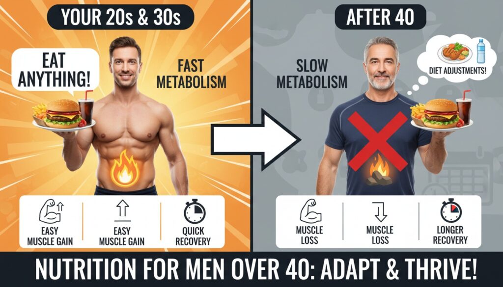 Comparison showing how the same foods affect men differently in their 20s versus 40s, illustrating metabolic changes with age