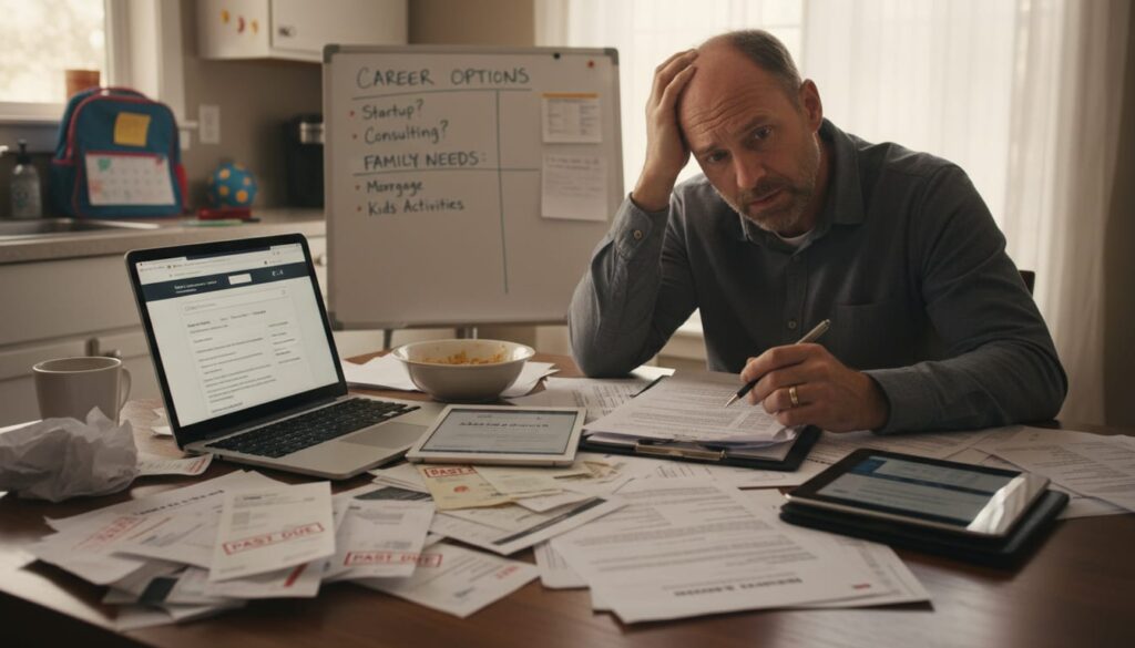 Stressed man in his 40s at kitchen table surrounded by bills and family responsibilities during career transition