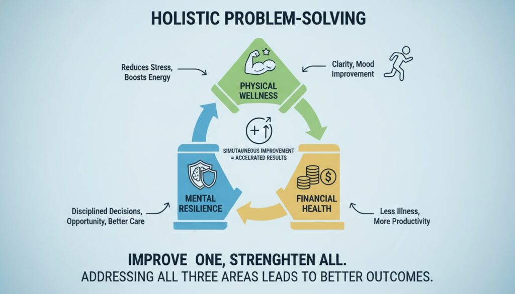 Infographic showing the interconnected relationship between mental resilience, physical wellness, and financial health with arrows demonstrating how each pillar affects the others