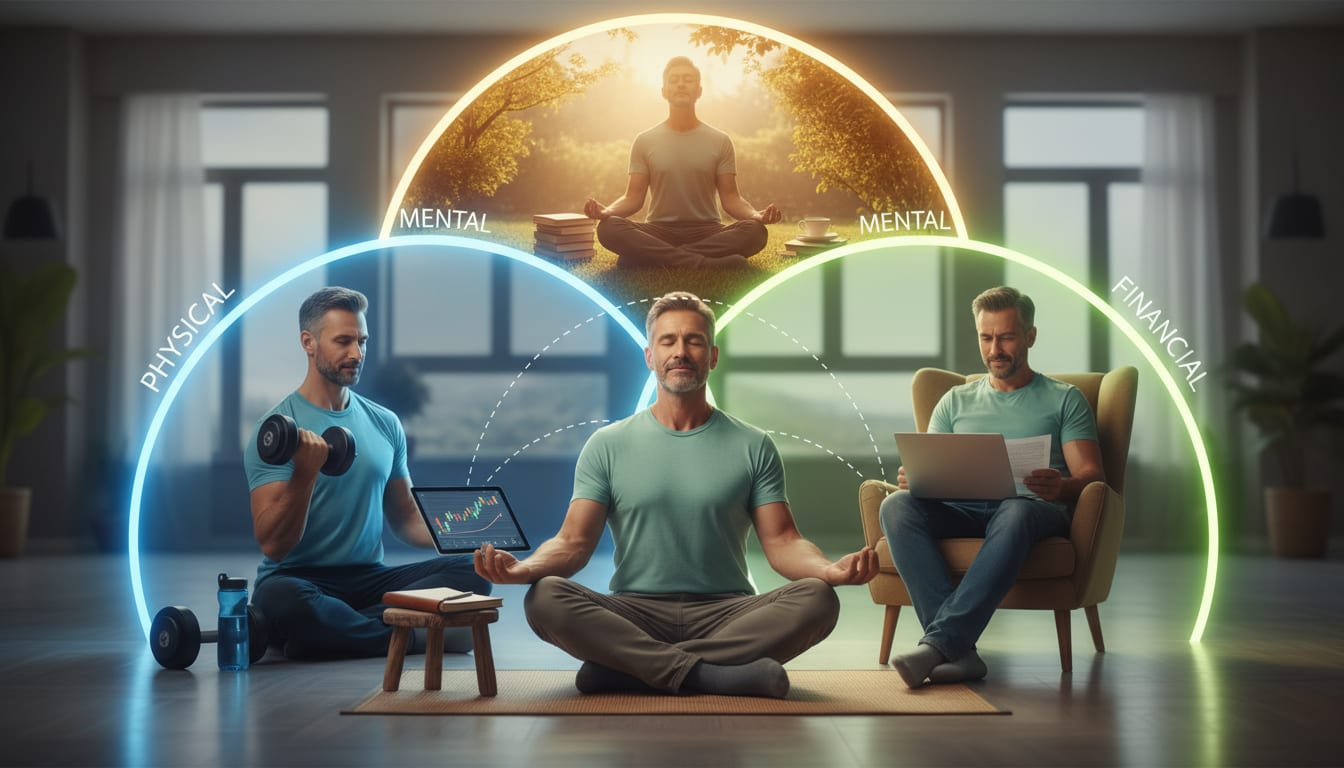 Man in his 40s demonstrating the interconnected balance of mental resilience, physical wellness, and financial health through three integrated activities