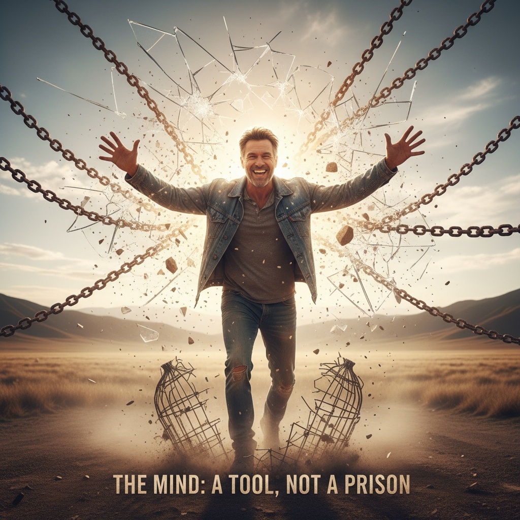 Man over 40 breaking free from mental constraints, empowered and liberated from self-doubt