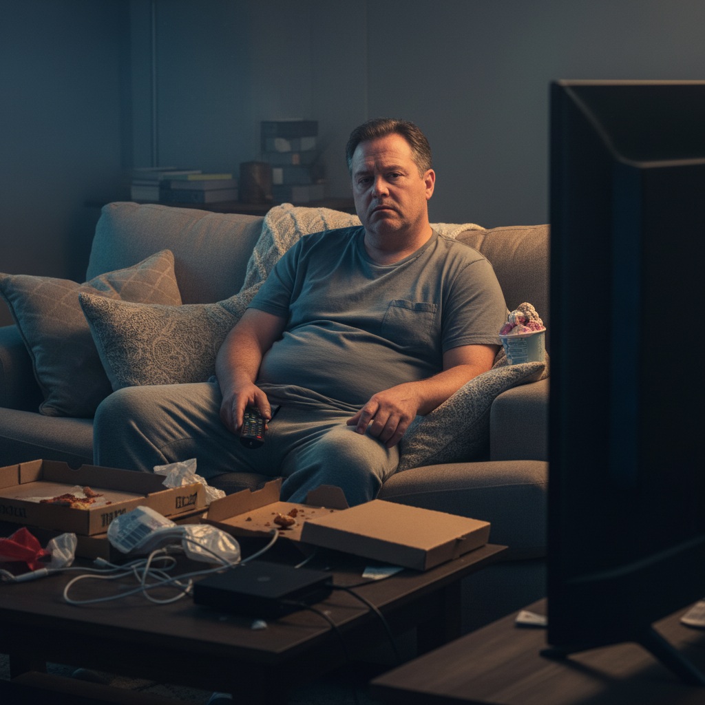 Man in his 40s sitting on couch surrounded by modern conveniences looking tired and unmotivated illustrating the comfort trap