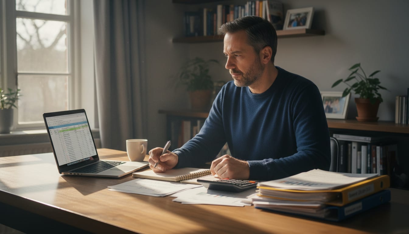 Man in his 40s reviewing upward trending financial progress chart showing consistent incremental growth