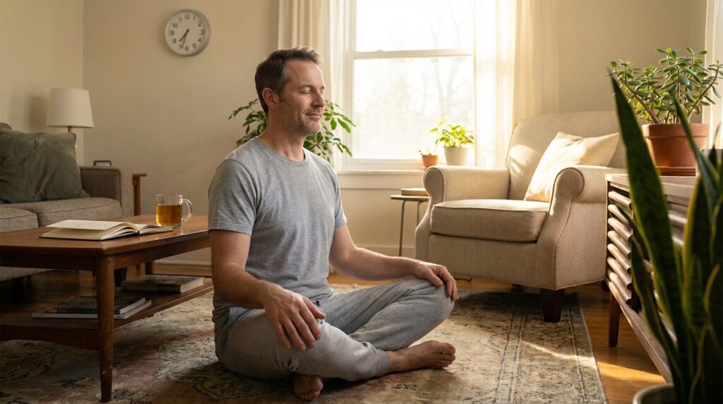 Man in his late 40s practicing peaceful morning meditation in comfortable home setting with natural sunlight