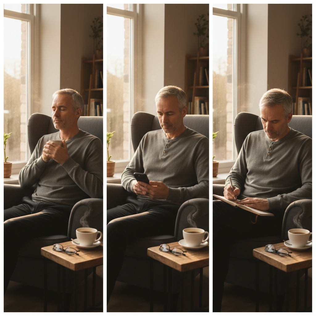 Man in his 40s practicing morning routine with meditation, coffee, financial check-in, and intention setting for better money decisions