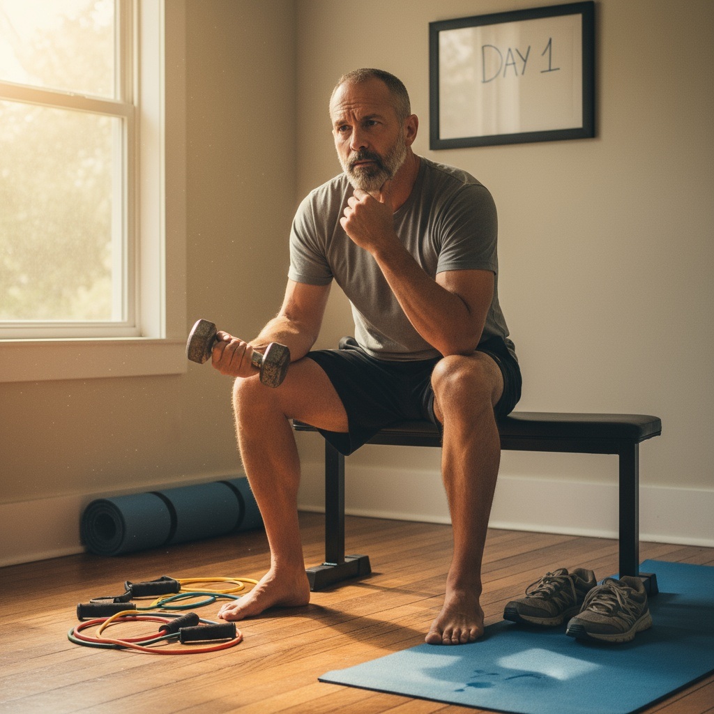 Man in his 40s sitting on workout bench with dumbbell ready to start joint-friendly muscle building journey