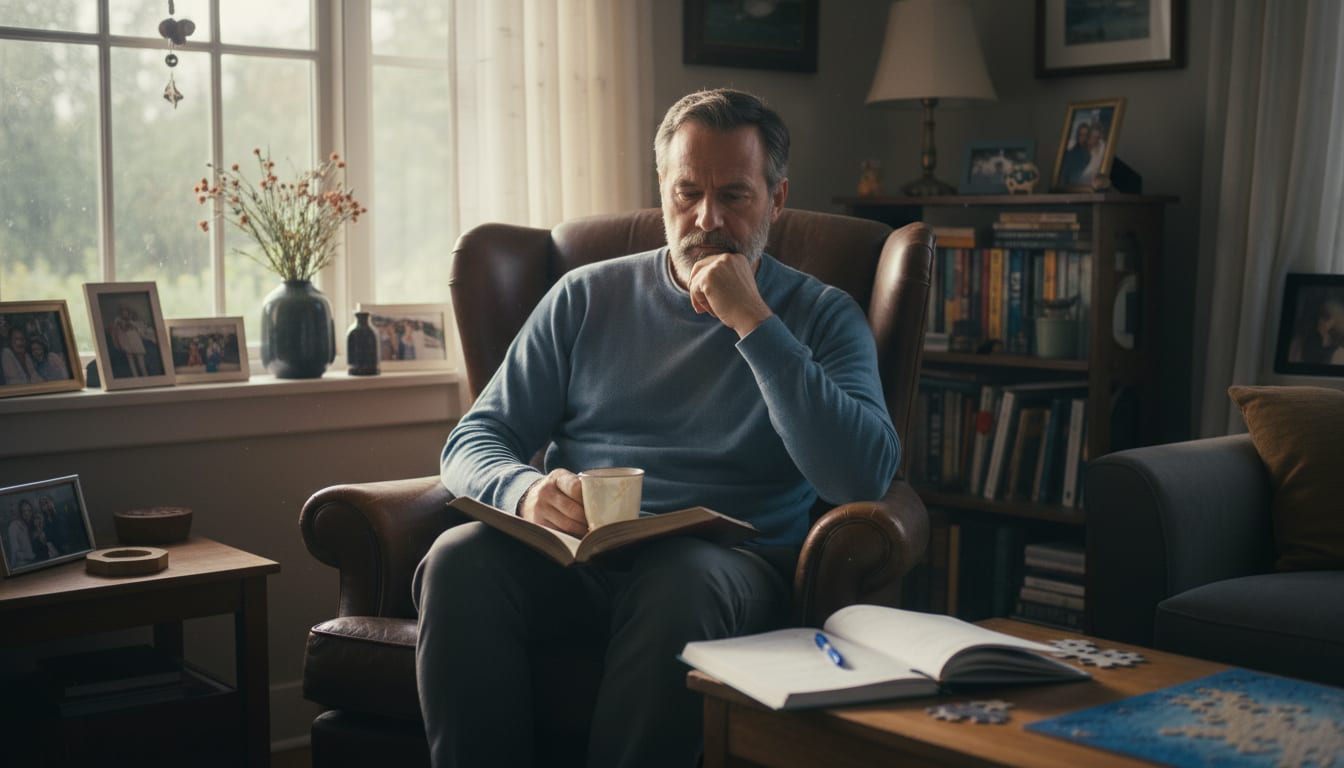 Man in his 40s reflecting on negative thought patterns while drinking morning coffee at home