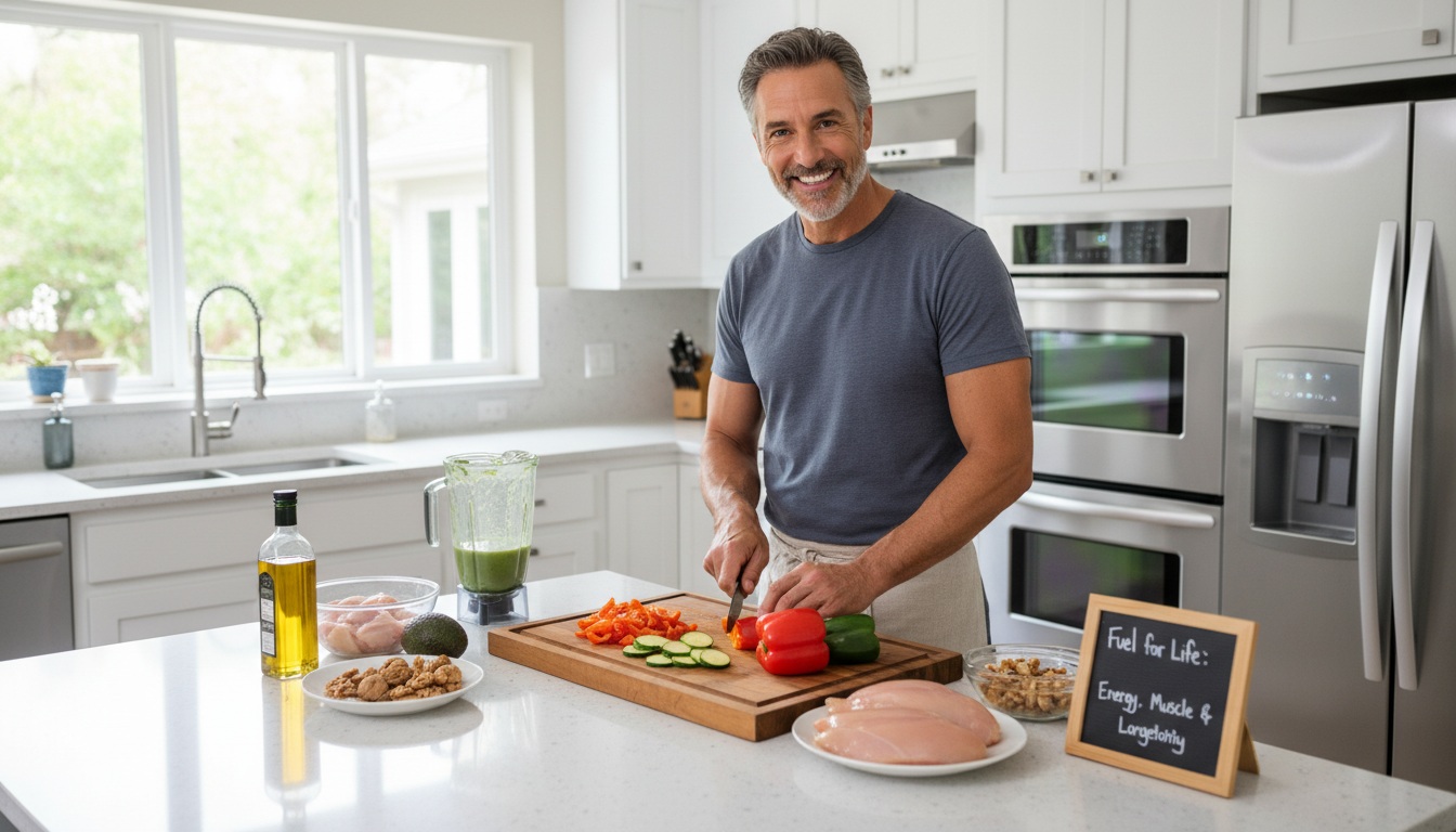Man in his 40s preparing healthy meal with fresh vegetables, lean protein, and whole grains in modern kitchen