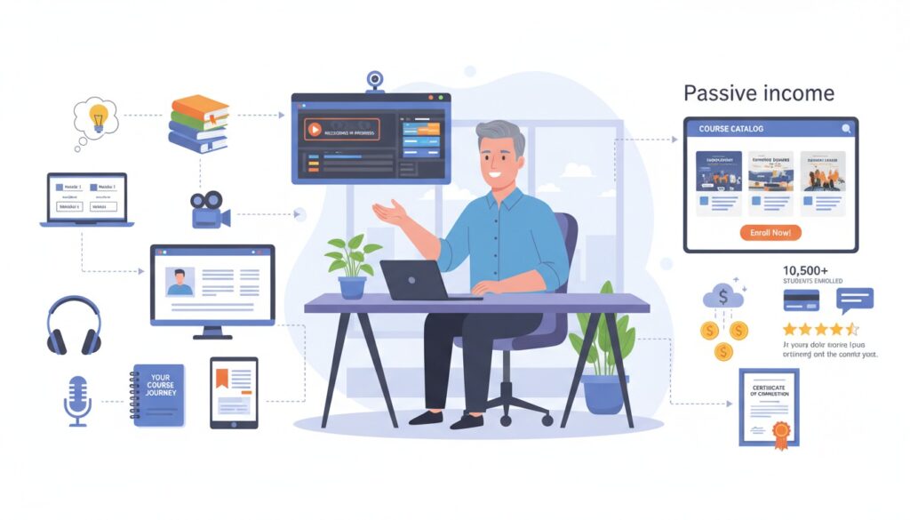 Online course creation examples showing video lessons, course platforms, workbooks, student enrollment, and monetization for passive income