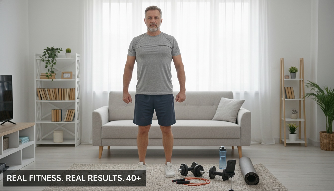 Man over 40 starting his fitness transformation journey at home with minimal equipment for 30-day body reset plan