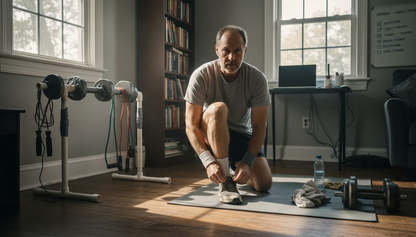 Determined man in his 40s standing ready to exercise in home gym with dumbbells and yoga mat showing realistic fitness commitment