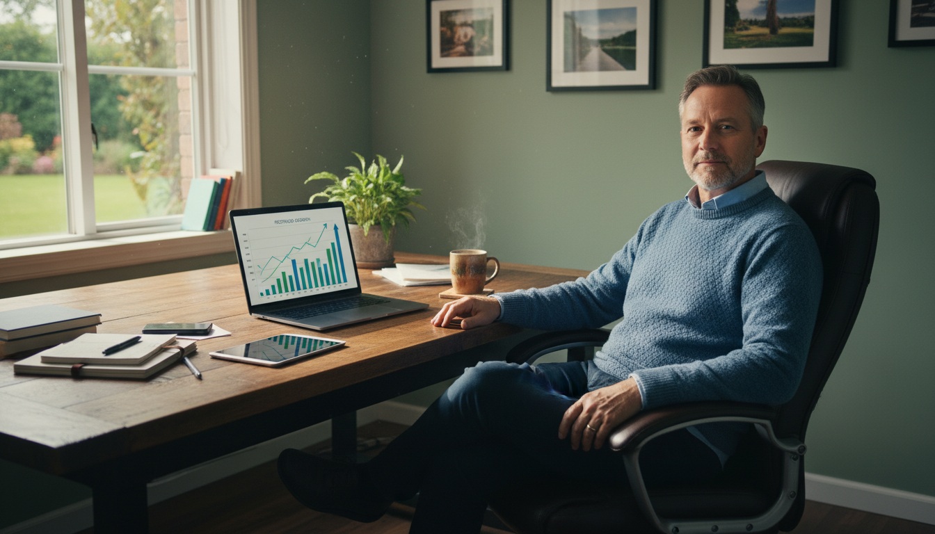 Confident middle-aged man working on passive income streams from home office with laptop, charts, and notebook