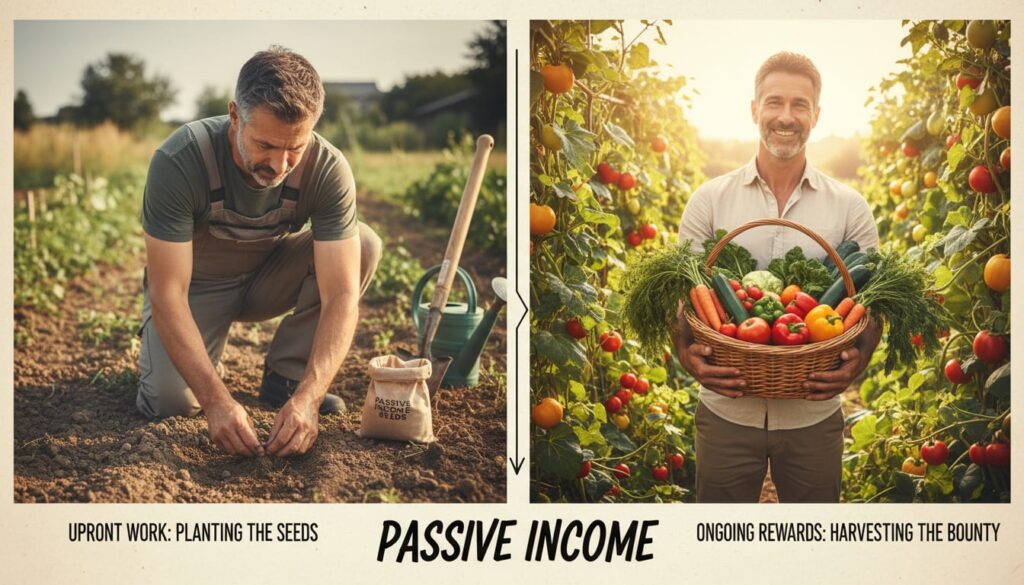 Man in his 40s planting garden seeds and harvesting grown vegetables showing passive income metaphor of upfront work leading to ongoing rewards