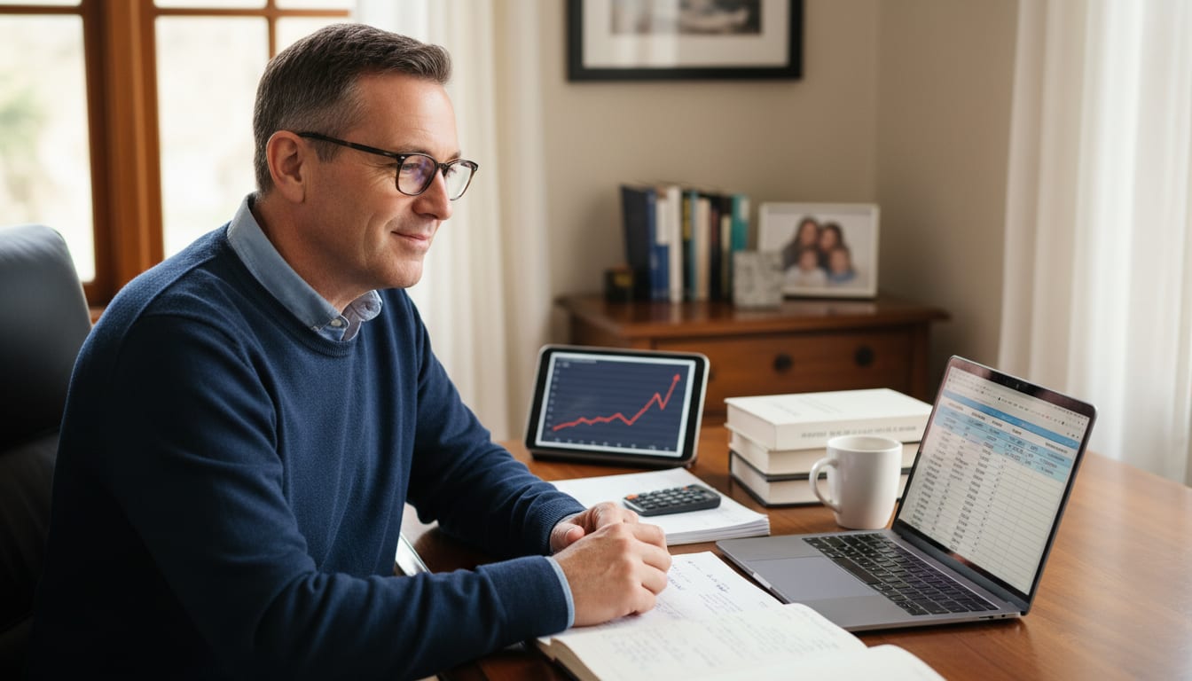 Man in his 40s reviewing passive income investments and dividend stocks on laptop at home office desk
