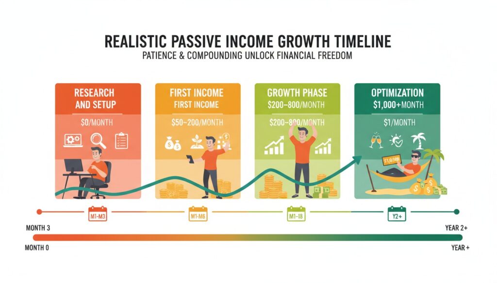 Passive income timeline showing realistic growth from zero to over $1,000 monthly income over 2 years with four growth phases