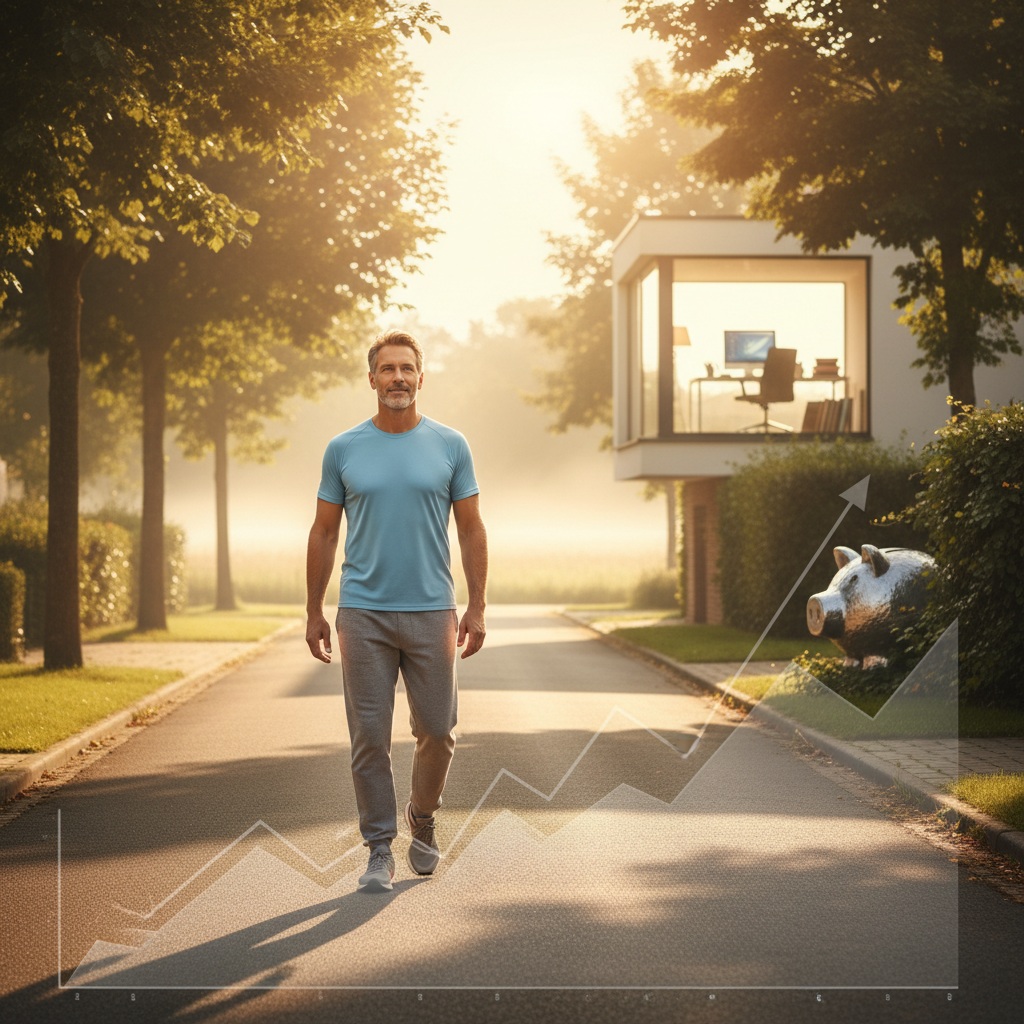 Man over 40 doing morning walk exercise showing how physical health improves mental clarity and financial success through daily wellness habits