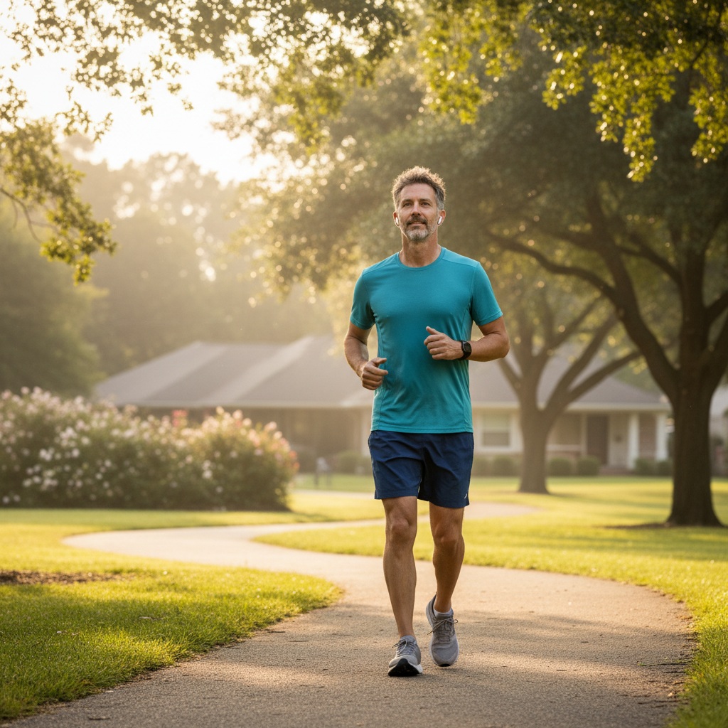 Man in his 40s on morning walk outdoors looking energized and mentally clear, demonstrating how physical activity improves mental clarity and decision-making