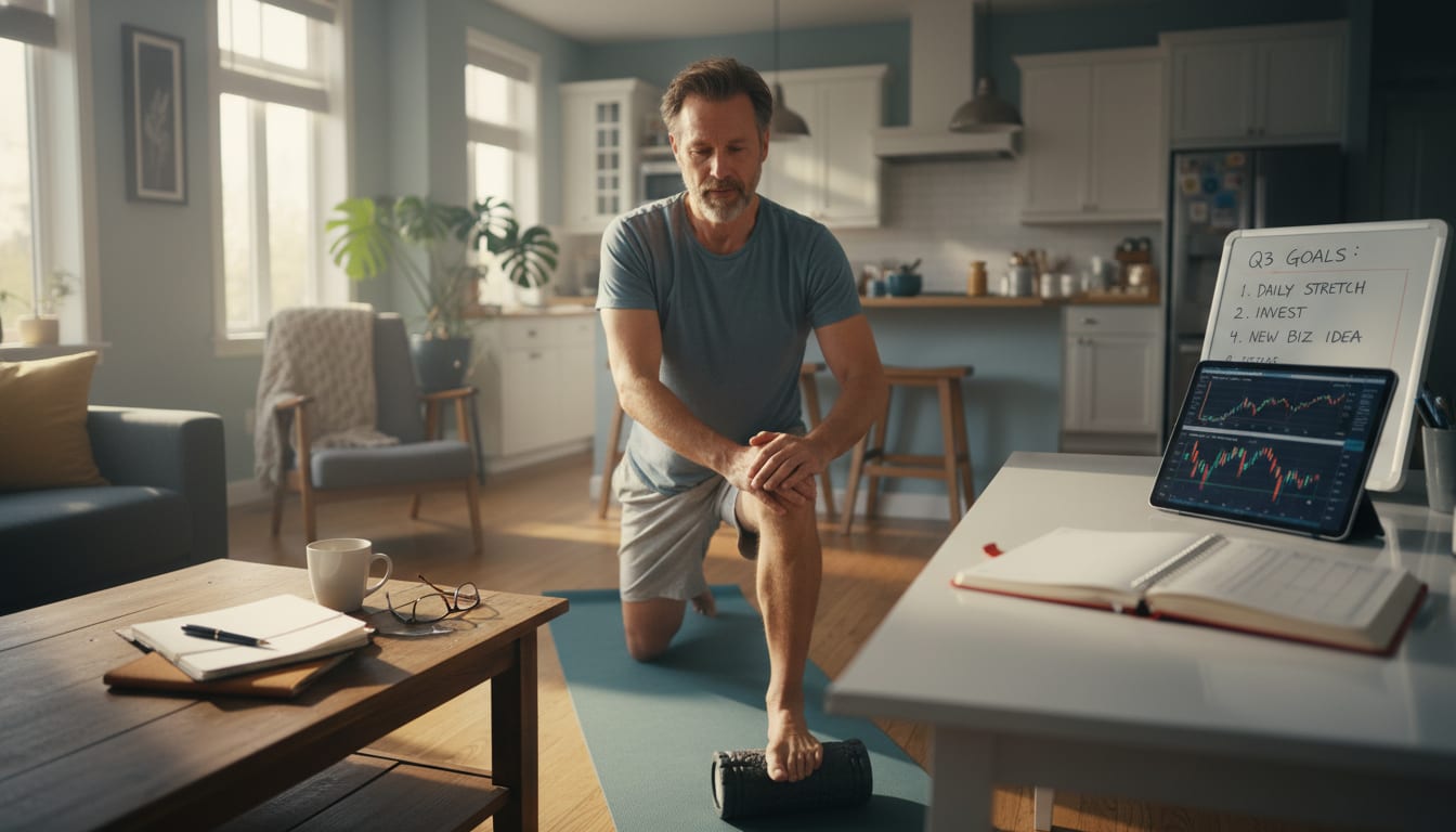 Man in his 40s doing morning stretches with journal and financial planner nearby showing holistic morning routine combining physical mental and financial wellness