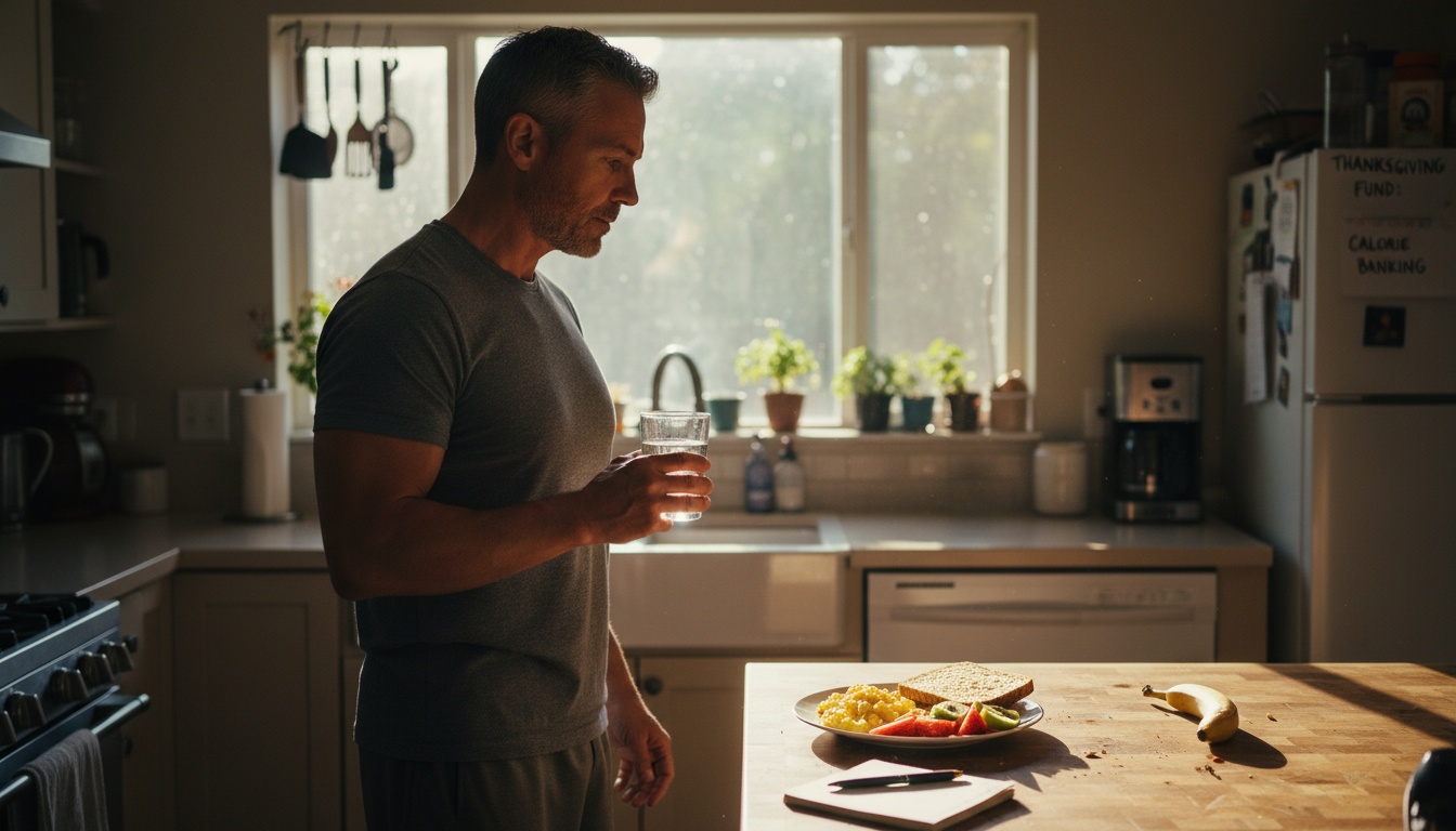 Man in his 40s preparing healthy breakfast before Thanksgiving - calorie banking strategy for men over 40