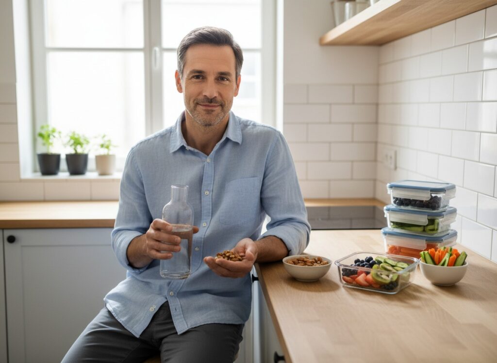Man in his 40s taking mindful break with healthy snack and water to preserve mental energy