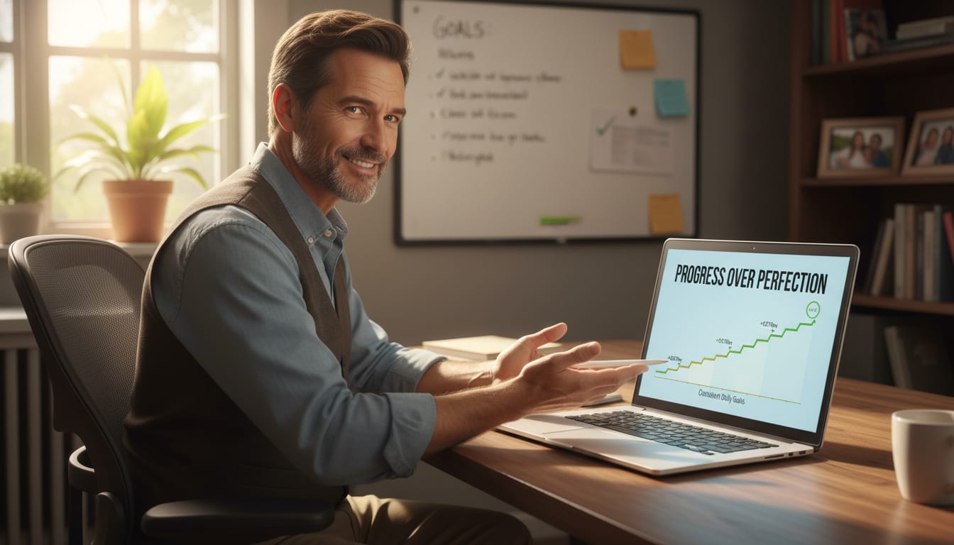 Man in his 40s reviewing upward trending financial progress chart showing consistent incremental growth