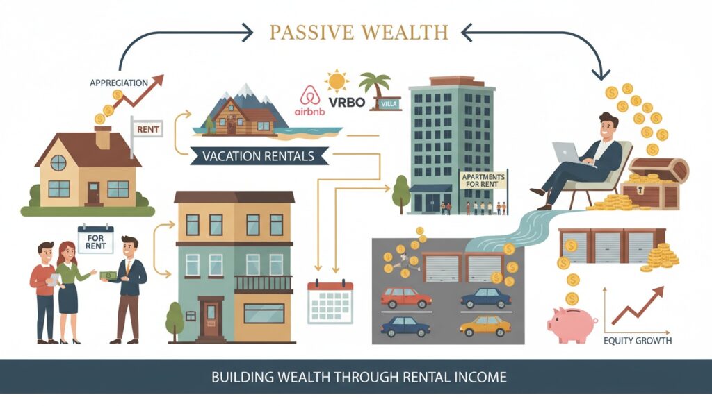 Rental income examples including residential homes, duplexes, vacation rentals, apartments, parking spaces, and storage units