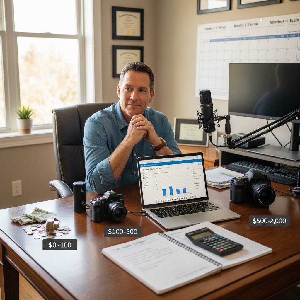 Man in his 40s reviewing financial planning and budget breakdown for different side hustle investment levels at home office