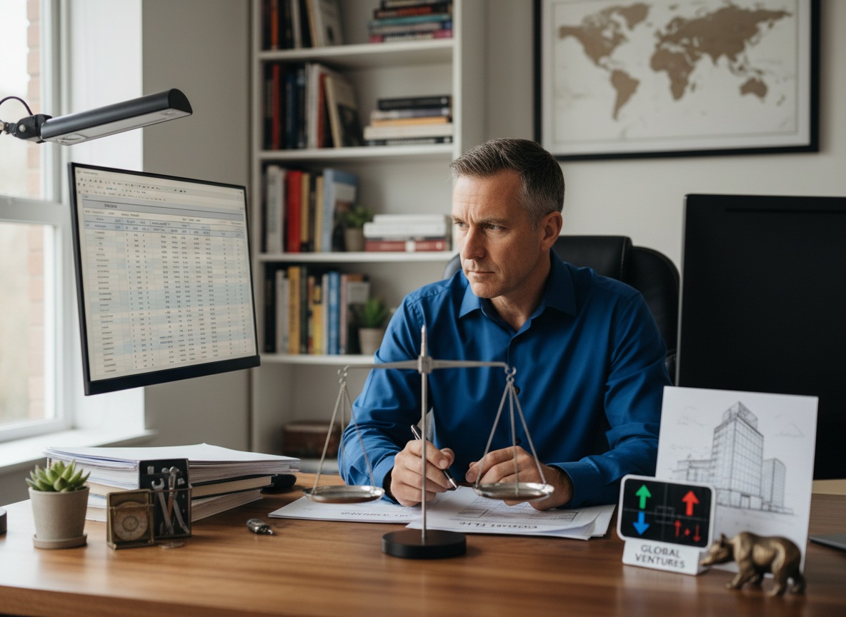 Man in his 40s carefully analyzing and weighing risk versus reward options for side hustle business decisions at desk