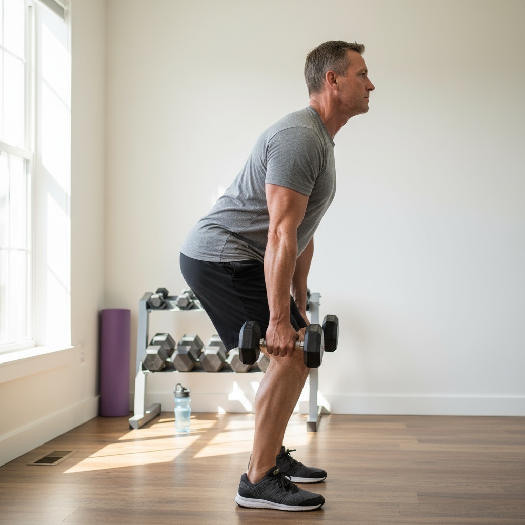 Man in his 40s demonstrating proper Romanian deadlift form with dumbbells hinging at hips with straight back