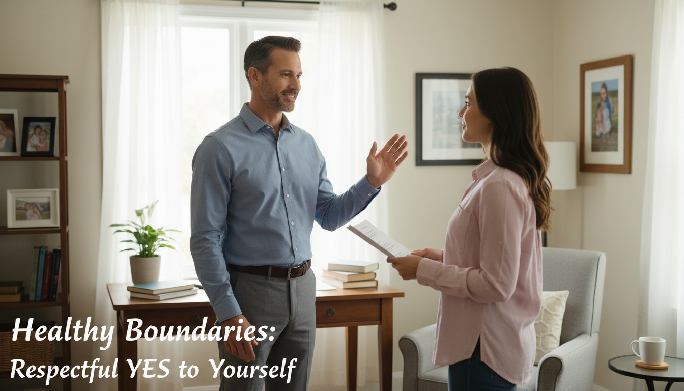Man in his 40s confidently setting boundaries by saying no with a calm hand gesture in home office