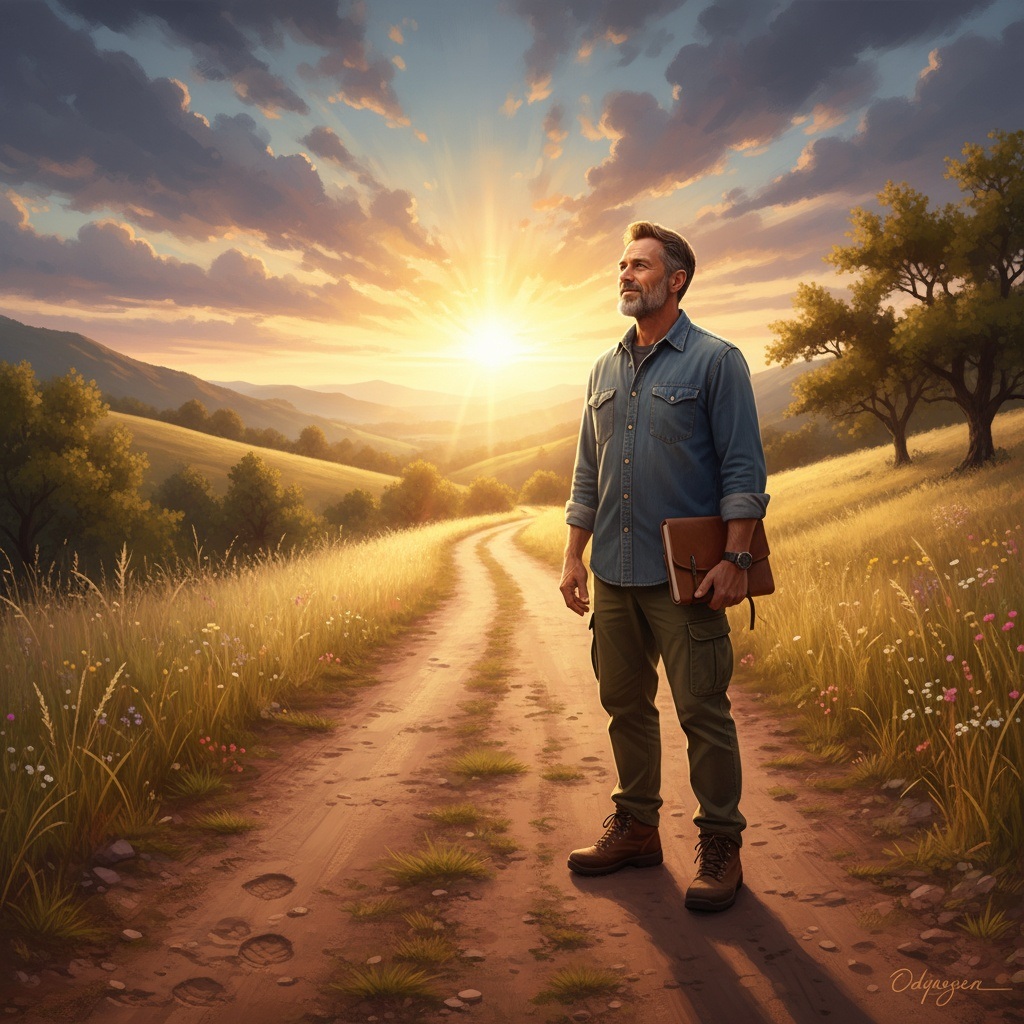 Man in his 50s standing at the beginning of a path looking toward a bright horizon, symbolizing starting a second chapter and following dreams after 40