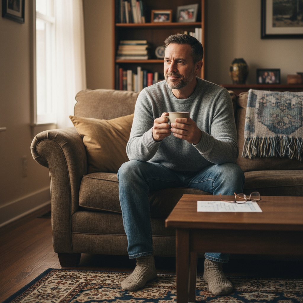 Man in his 40s reflecting on self-worth and personal value at home with thoughtful expression