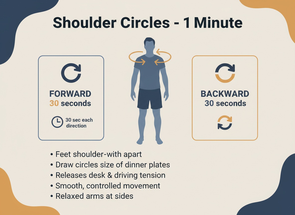 Shoulder circles exercise infographic showing forward and backward rotation movements with proper standing posture
