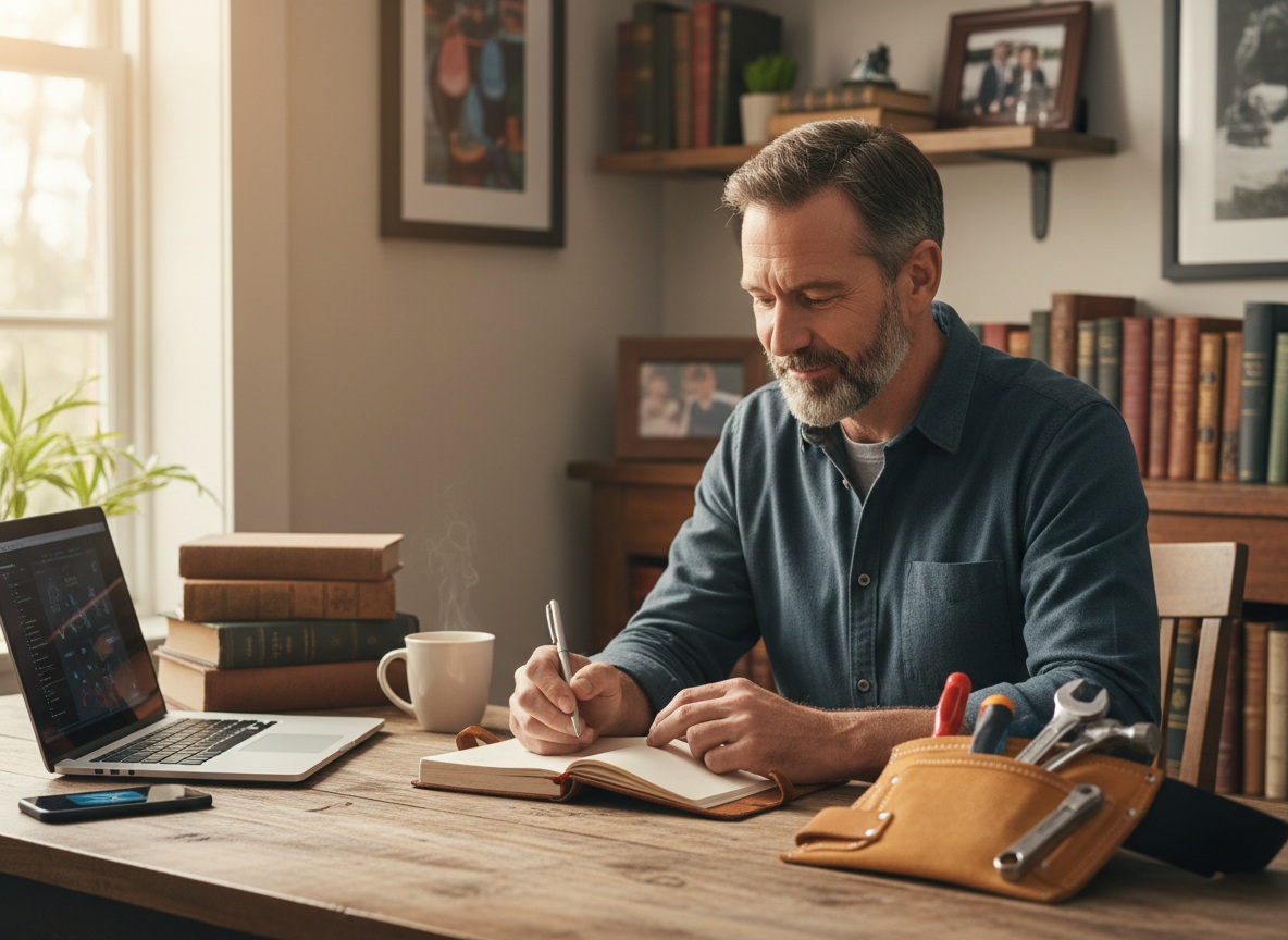Man in his 40s reflecting and writing down his skills and talents in a notebook, taking inventory of professional and personal abilities
