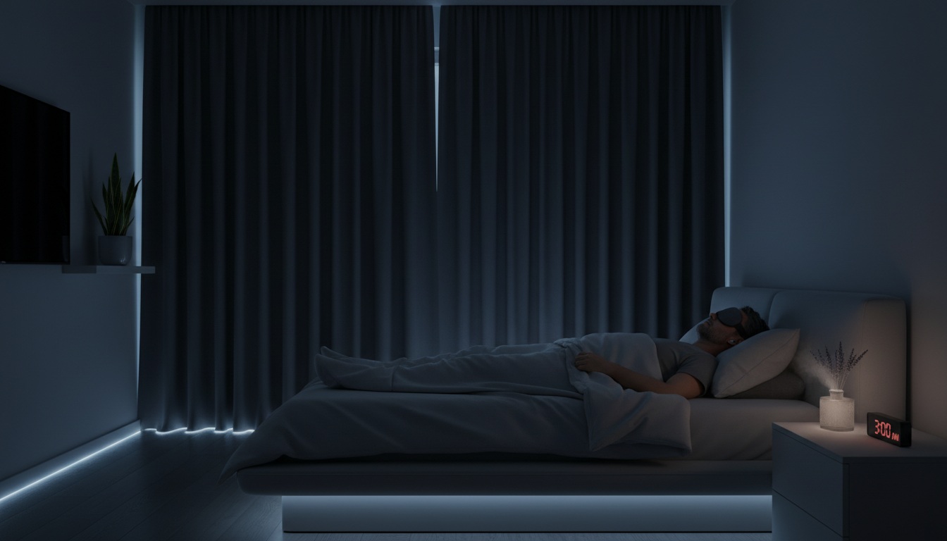Man in his 40s sleeping peacefully in dark bedroom demonstrating sleep optimization techniques for better recovery and physical performance