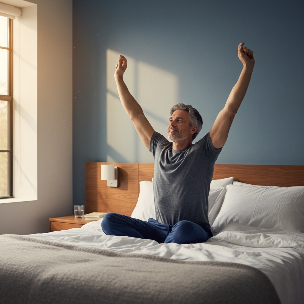 Energized man in his 40s waking up refreshed after quality sleep with improved physical performance and mental clarity