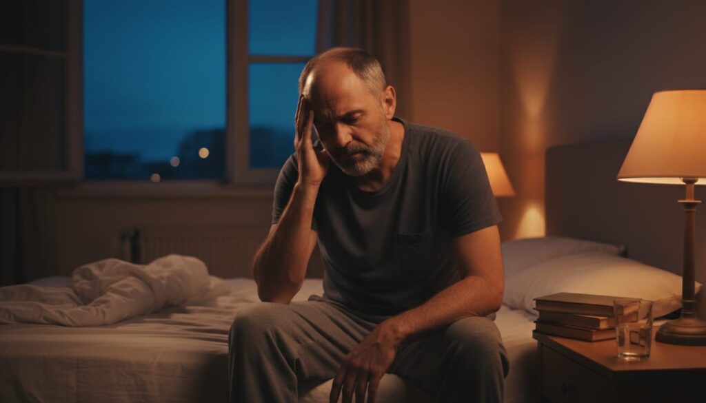 Tired man in his 40s sitting on bed in evening struggling with sleep and physical tension