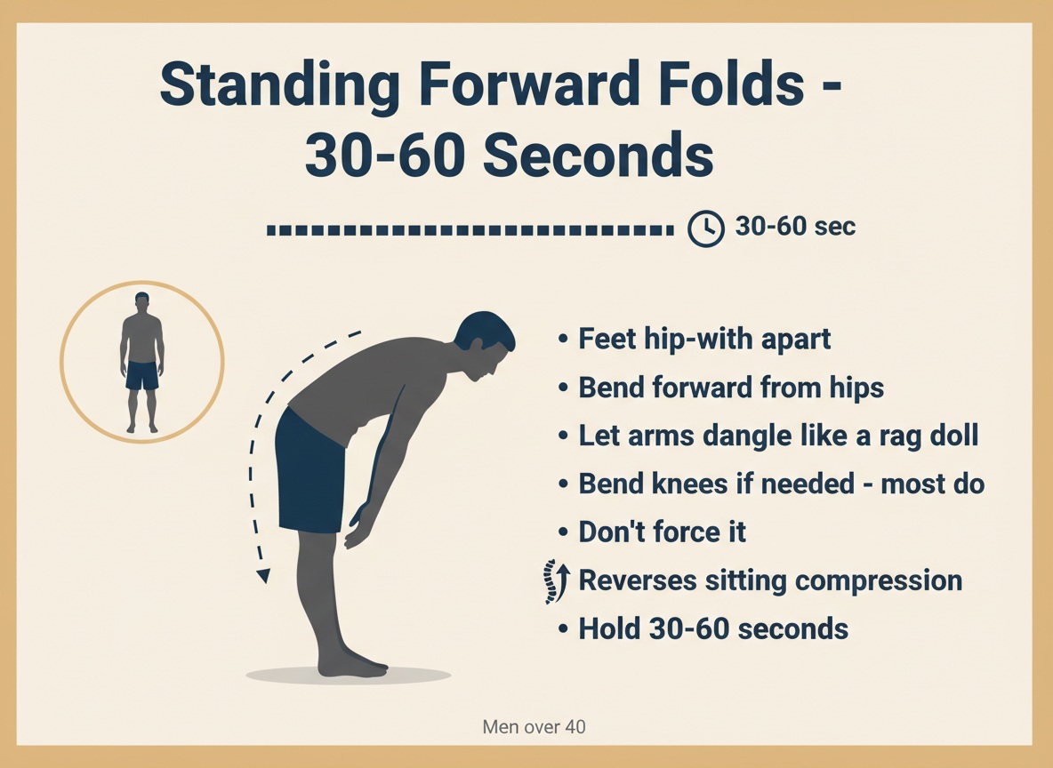 Standing forward folds exercise infographic showing relaxed hanging position with bent knees and proper form