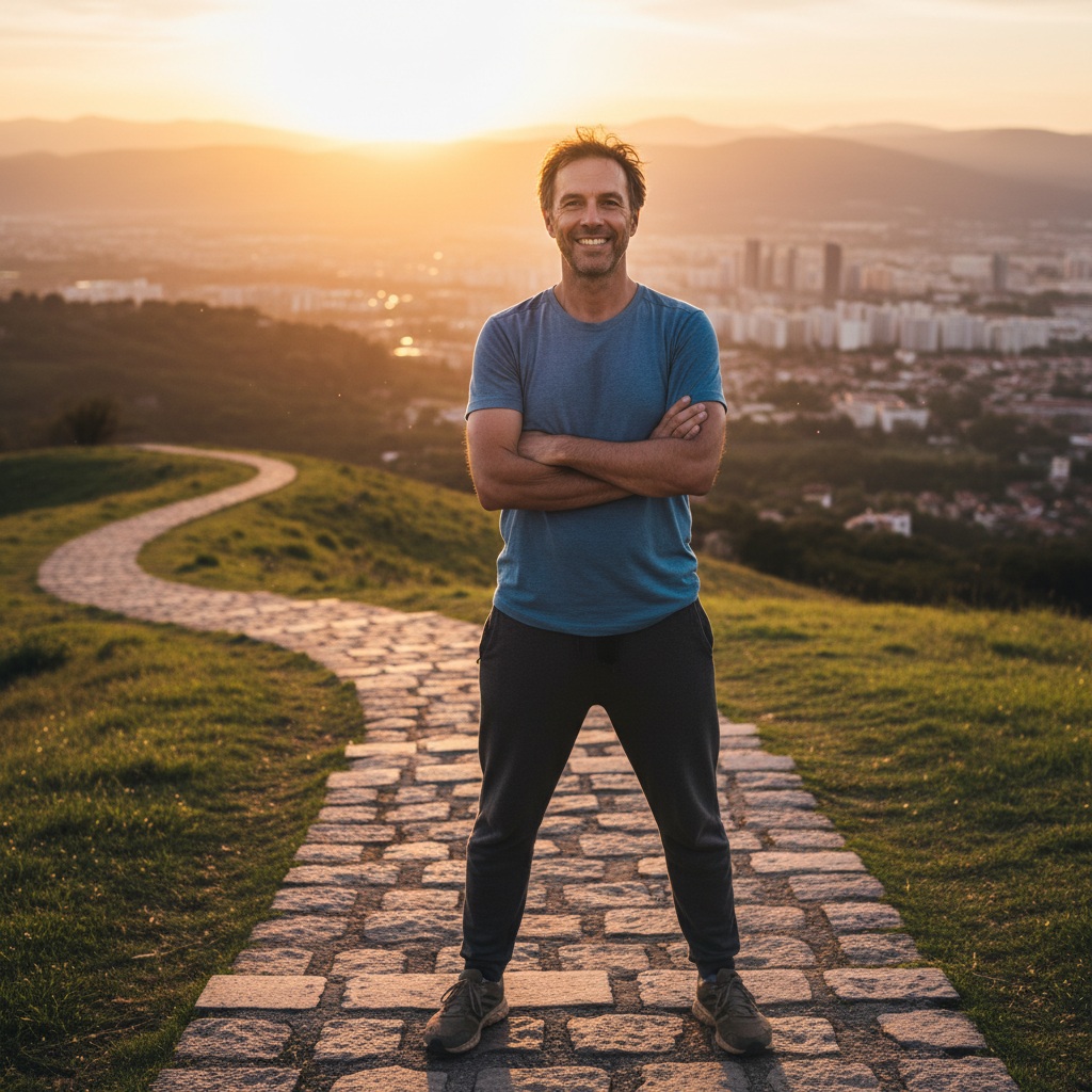 Confident man in his 40s standing at summit looking at bright horizon after achieving breakthrough through progressive mindset and small wins