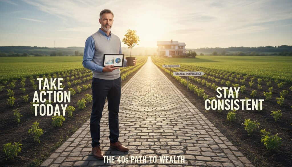 Man in his 40s standing at the beginning of a path leading toward bright horizon symbolizing the start of passive income journey and financial freedom