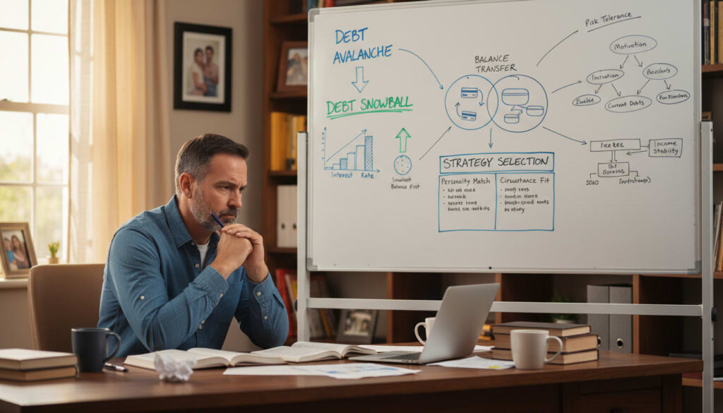 Man in his 40s analyzing and comparing different debt elimination strategies on a whiteboard or planning surface