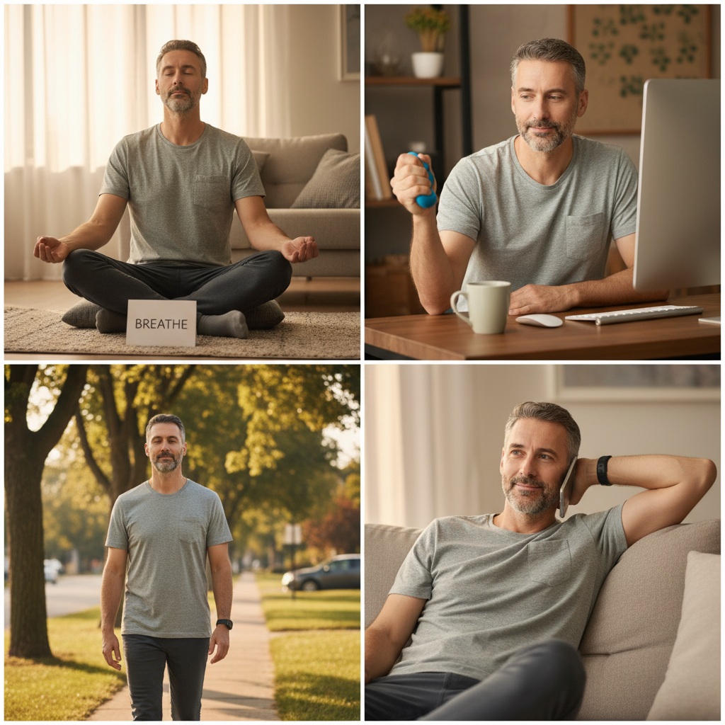 Man in his 40s practicing stress management techniques including breathing exercises, stress ball, physical movement, and talking with a friend