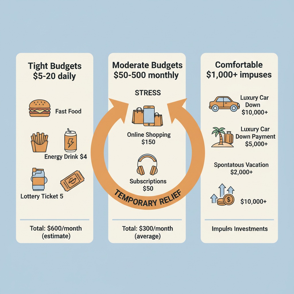 Infographic showing stress-spending cycle across three income levels: tight budgets, moderate budgets, and comfortable earners with spending examples