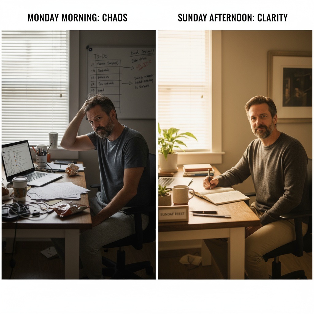 Before and after comparison showing man transforming from Monday chaos to Sunday reset routine preparation