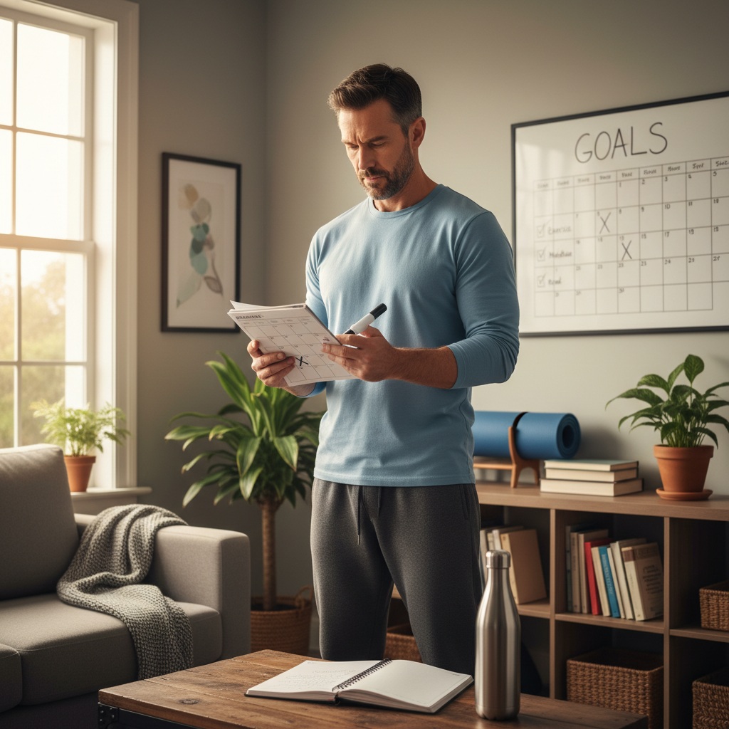 Man over 40 standing confident and ready marking first day on calendar to start foundation habits journey