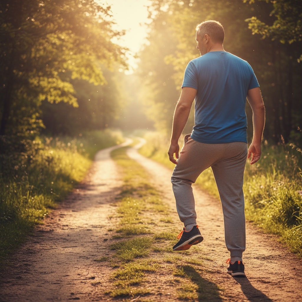 Man in his 40s taking first step forward on path symbolizing taking action and beginning transformation journey despite fear